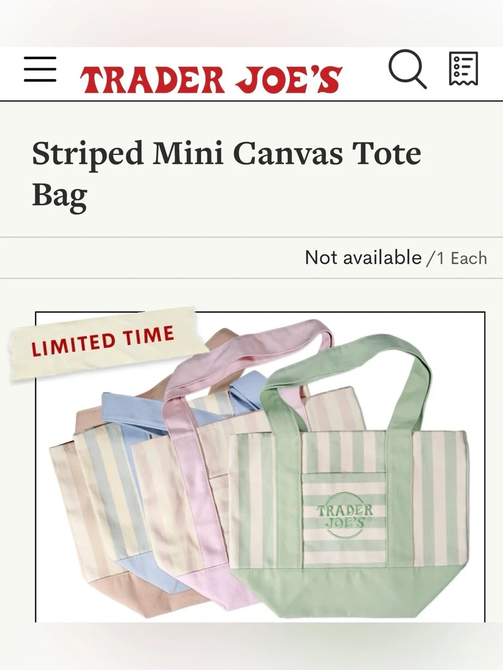 Trader Joe's Pink Stripe Canvas Mini Tote